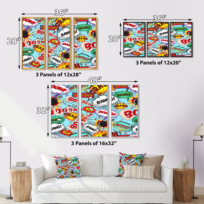 Comic Bang and Boom - ensemble d'art mural moderne sur toile encadrée 3 pièces, H 32 po x l 48 po x P 1 po, Brun