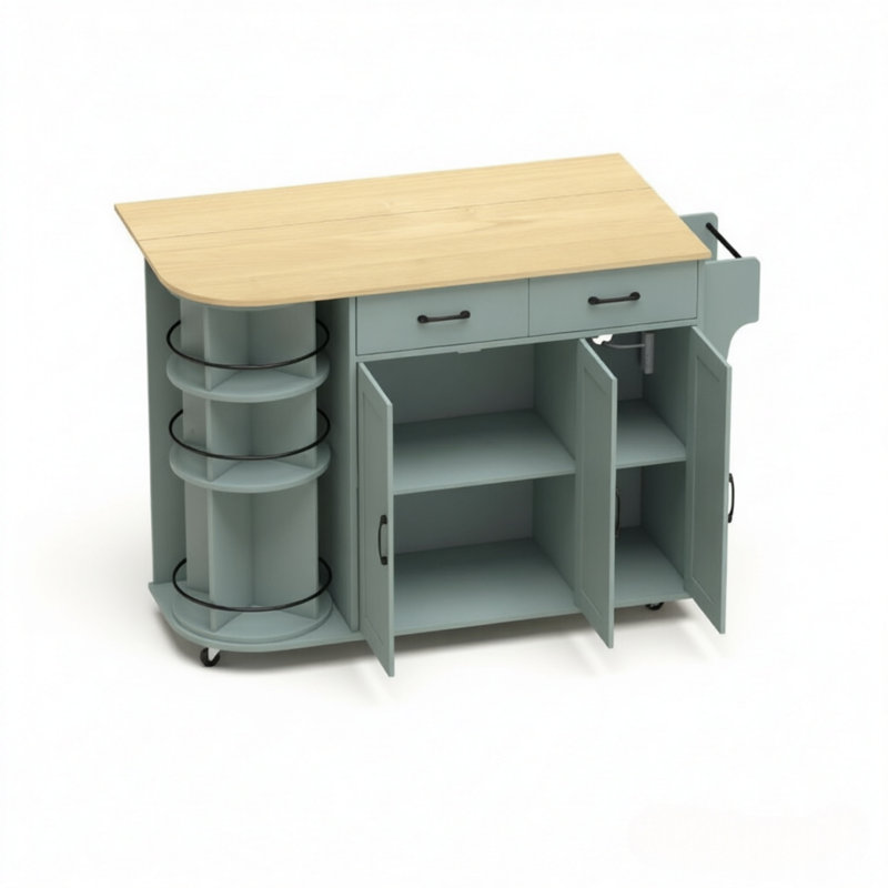 Îlot de cuisine coulissant de 133 cm de large, en panneaux de particules et MDF, monobloc, écologique, design à abattants, gain de place