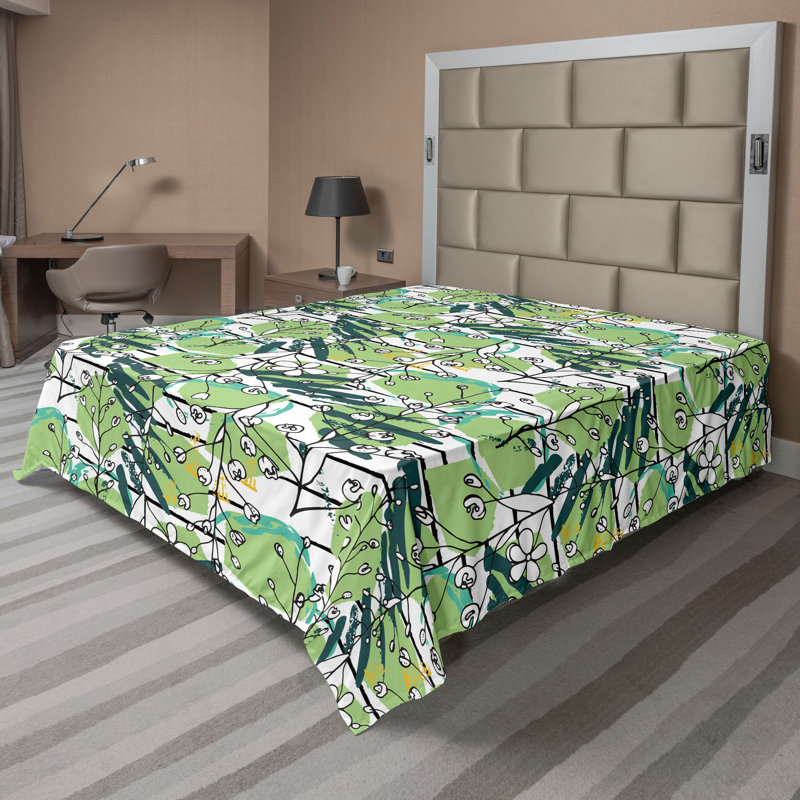 Ambesonne Floral Design Flat Sheet Jumble Cactus Flowers, Green Green Floral, California King Flat Sheet