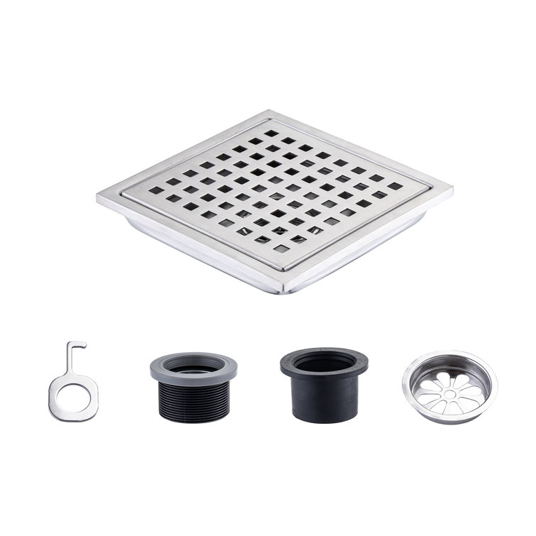 6 inch Polished Stainless Steel Square Shower Drain with Hair Trap Set (2 Designs)