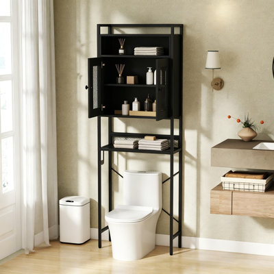 Armoire de rangement au-dessus de la toilette peu encombrante, étagère de salle de bain à 5 niveaux avec support en métal, portes grillagées, porte-papier hygiénique et crochet, organisateur de salle de bain autoportant pour petits espaces