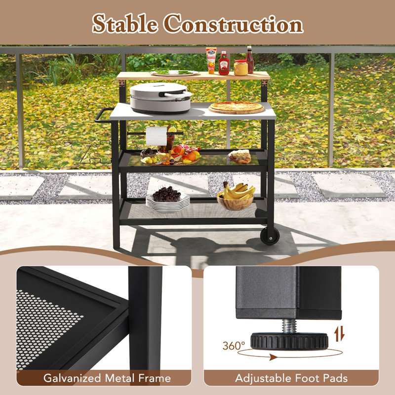  Rolling Bar Cart W/ Flip-up Table Hooks Paper Towel Holder 2 Bistro Stools