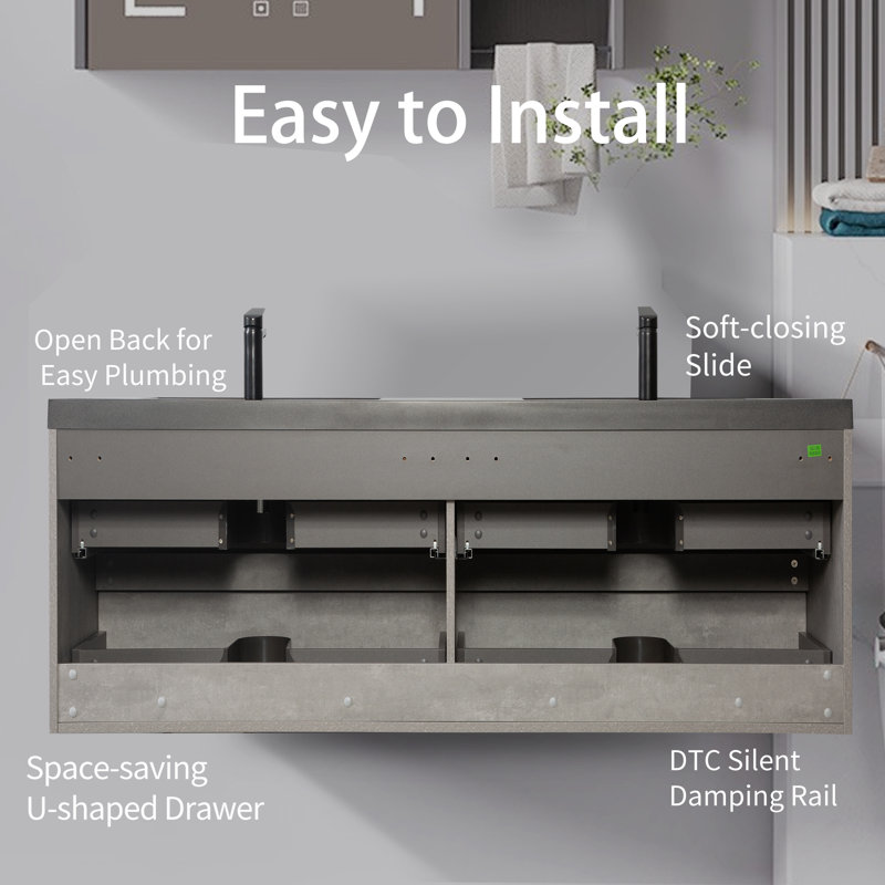 24"-72" Floating Single/ Double Bathroom Vanity Wall-Mounted Vanity with Integrated Quartz Top, 1/2 Basins, 2/4 Soft Close Drawers