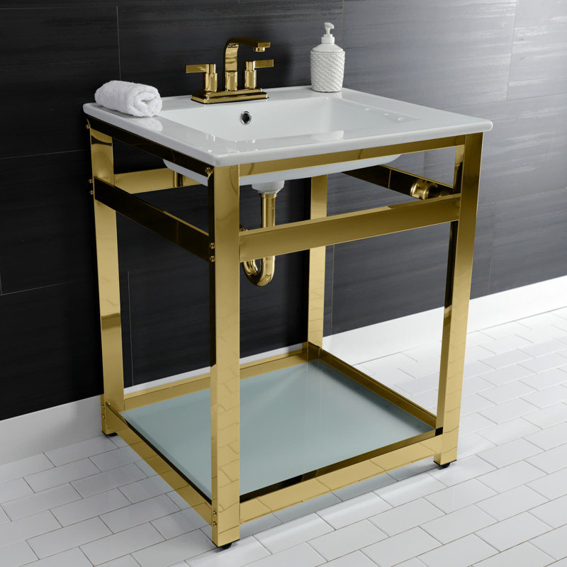 Quadras Ceramic Rectangular Console Bathroom Sink with Overflow, White/Polished Brass, 4" Centers