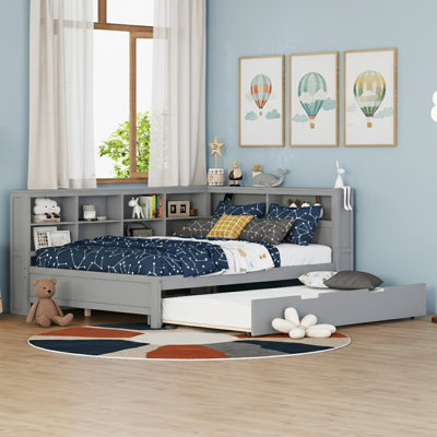 Full Size Wooden Daybed With Twin Trundle And Charging Station - Storage Shelf Sofa Bed - Grey