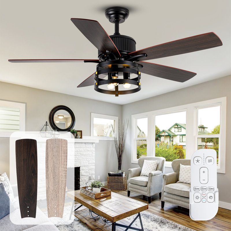 52 Inch Rustic Caged Ceiling Fan With Remote, Dual Finish Blades Reversible Dc Motor