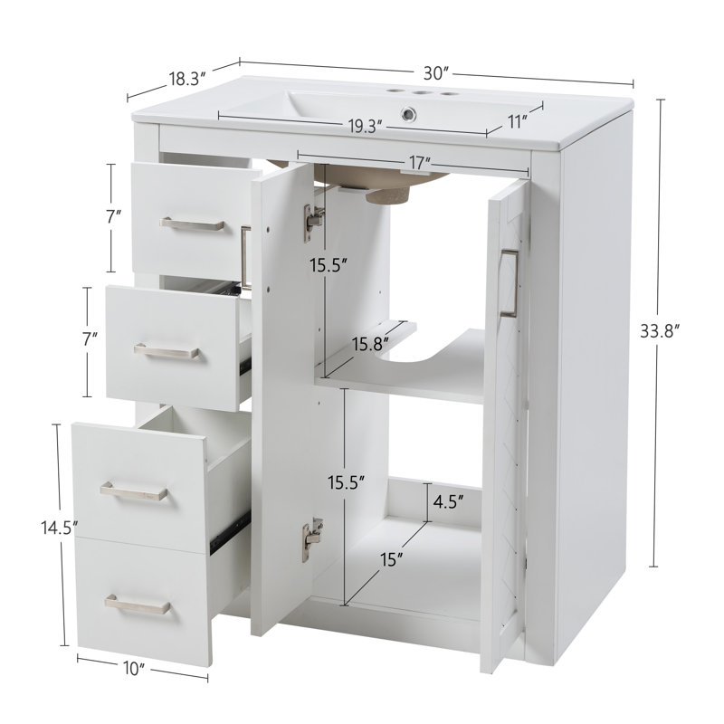 30'' Bathroom Vanity with Ceramic Sink Combo, Bathroom Storage Cabinet, Freestanding Vanity Set with 3 Drawers&Soft-close Doors