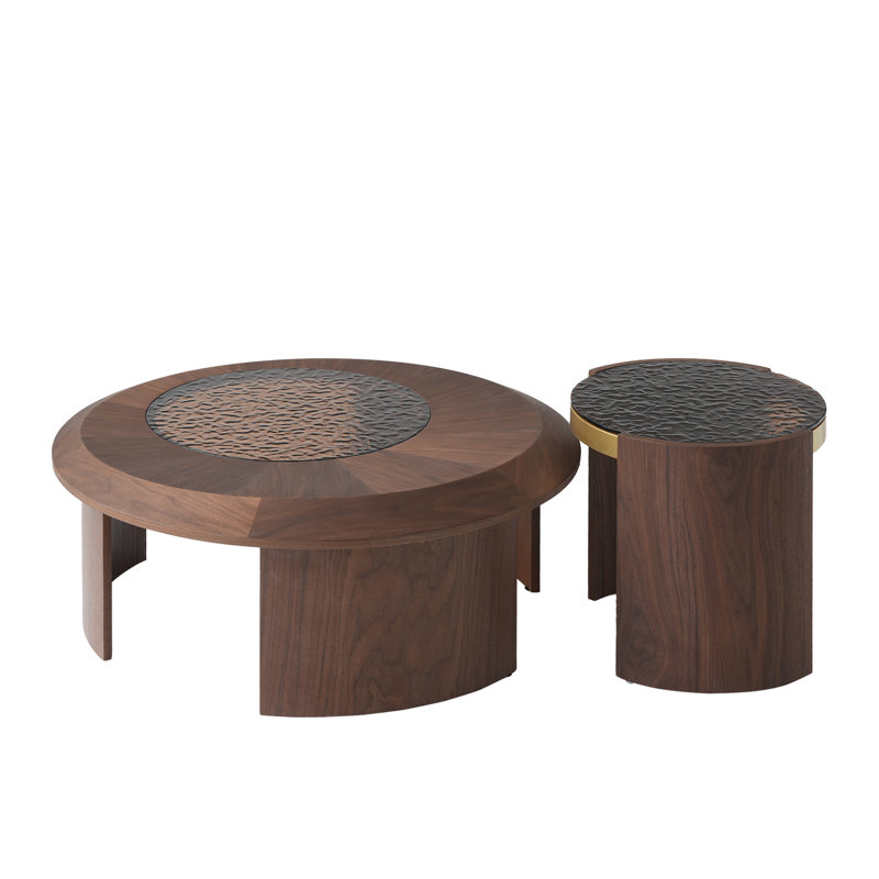 Walnut Wood and Ripple Glass Round Nesting Coffee Table Set