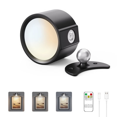 LED Wall Mounted Lights,3CCT with Remote and Touch,USB Rechargeable Wall Sconce Lamp,360° Rotating Dimmable Wireless Wall Lamp,Suitable for Study,and Bedroom,Bedside,Reading Black