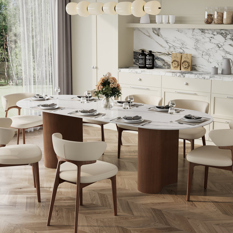 78" Luxury Faux Marble 6-8 People Oval Dining Table, Double Roman Column Brown Legs Modern Minimalist Kitchen Table for Living Room Dining Room