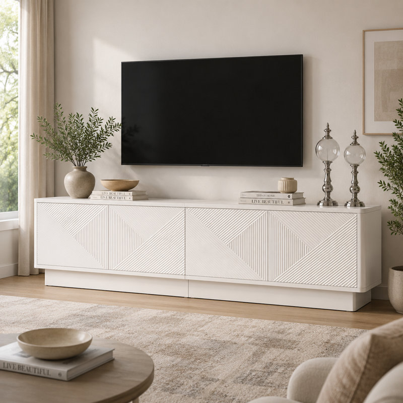 Buffet moderne de 71 po de largeur avec portes à texture ondulée et lumières DEL de 16 couleurs, Black