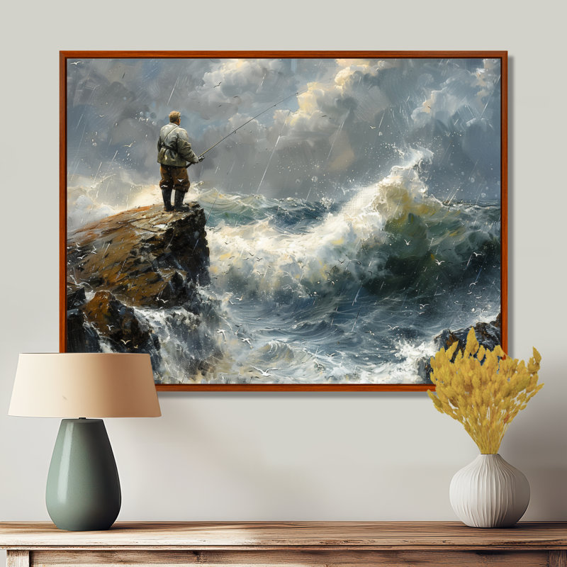 Cliffside Ocean Fishing - Chasse et pêche, art mural, Toile avec cadre flottant brun, H 34 po x l 44 po x P 1,5 po