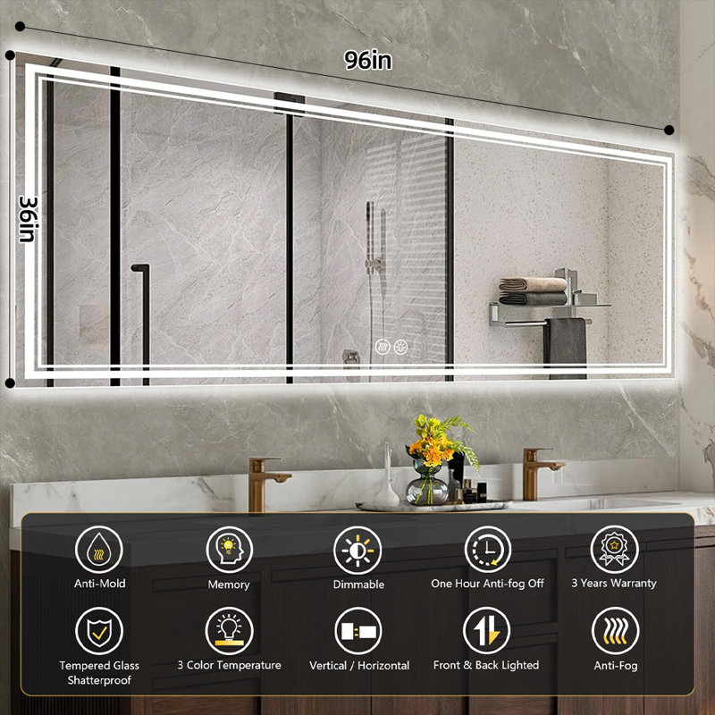 Chrisna UL Certified LED Bathroom Vanity Mirror, Front & Backlit, Anti-Fog Tempered Glass with 3-Year Warranty, 96"×36"