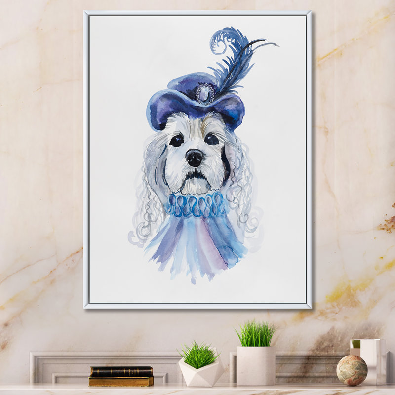 Illustration d'un chien blanc dans un gala - Art sur toile pour enfants, H 20 po x l 12 po x P 1 po, Cadre flottant blanc
