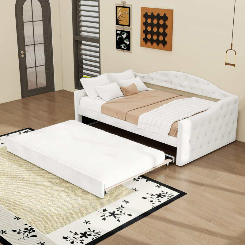 Lit de jour simple en velours avec ports de charge USB et lit gigogne simple, Beige