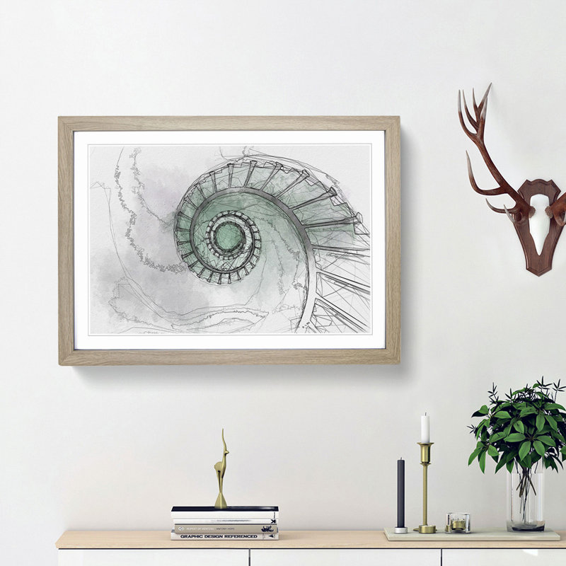 Lighthouse Spiral Staircase in Abstract - Picture Frame Graphic Art Print, 48cm H x 65cm W x 2cm D, Oak Framed