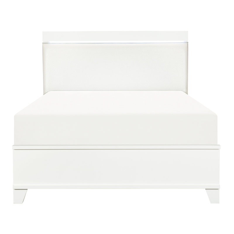 Grand lit blanc en similicuir avec tête de lit et cadre en bois avec finition brillante éclairée, Grand lit