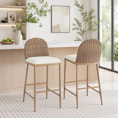 Farmhouse Bar Stool with Hand-Woven Rattan Backrest