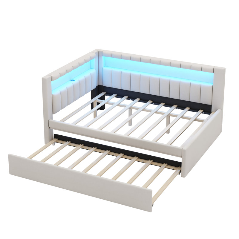 Upholstered Corner Daybed With Trundle and Outlets, White
