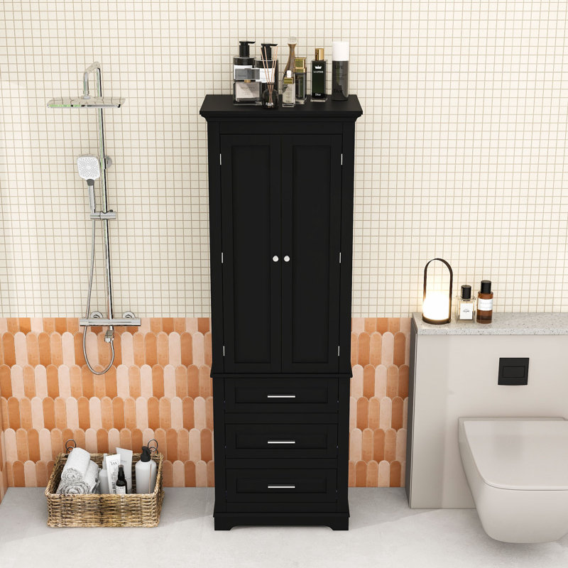 Wood Bathroom Cabinet with Three Drawers, Black