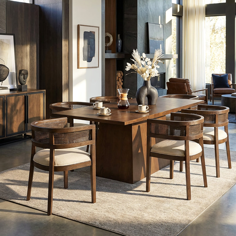 Oveson 7-Piece Dining Table Set With Upholstered Chairs & Rattan Backs, Light Ash