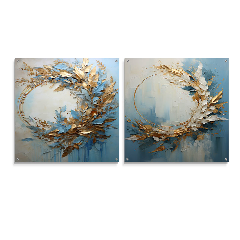  de fleurs bleue et dorée - ensemble de 2 art mural en verre acrylique, H 36 po x l 73 po