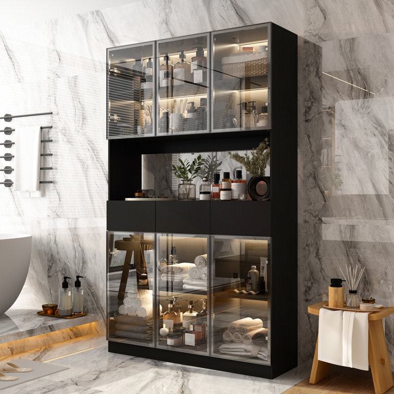 Armoire à linge à trois tiroirs avec portes en verre trempé et éclairage