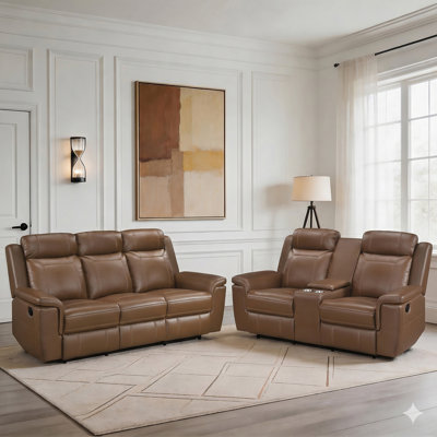 Elara Traditional Top Grain Leather 2-Piece Manual Double Reclining Living Room Sofa Set with Centre Storage Console, Power Outlets & Wall-Hugger Design