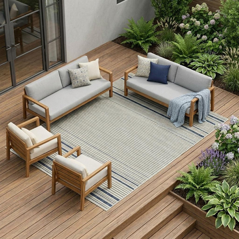 Tapis d'extérieur rayé bleu et crème 6 pi x 9 pi