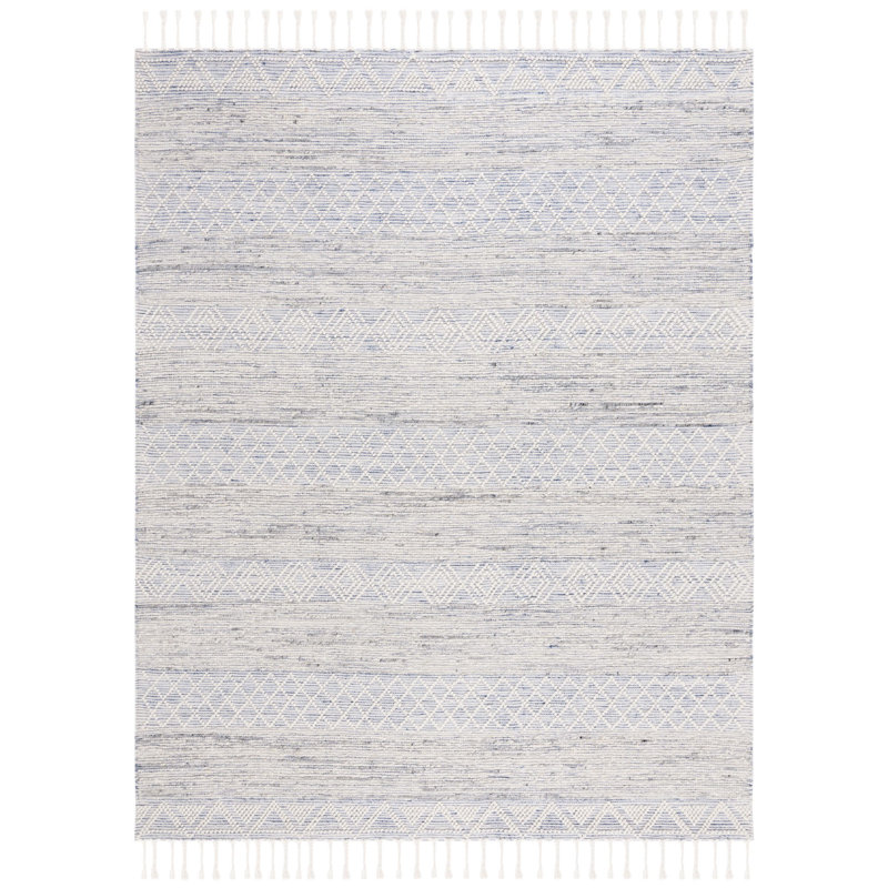 Tapis géométrique en laine / coton tissé à la main Antwoin en bleu / ivoire, Rectangle 8 pi x 10 pi
