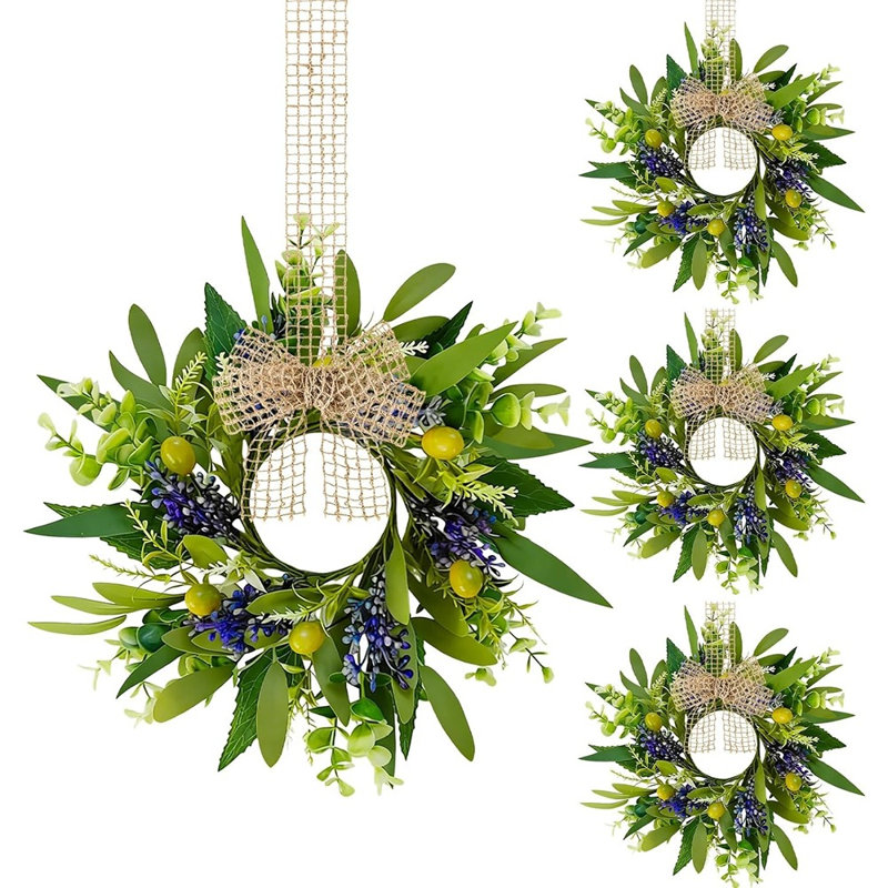 Ensemble de couronnes vert eucalyptus vert avec guirlande - Mini couronnes de verdure en bois de buis avec ruban