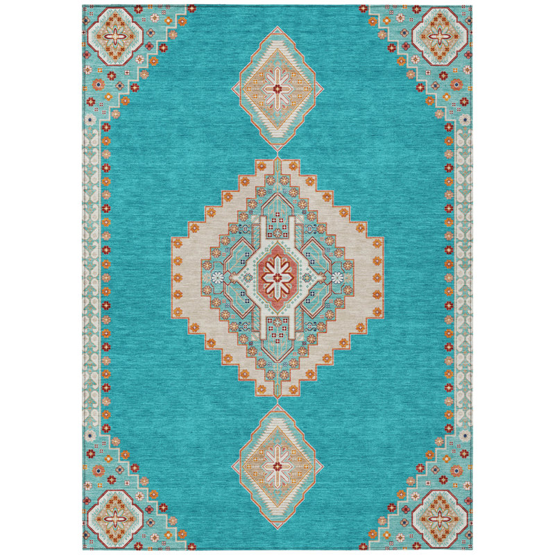 Tapis intérieur / extérieur lavable bleu sarcelle et ivoire HomeRoots 5 pi x 8 pi