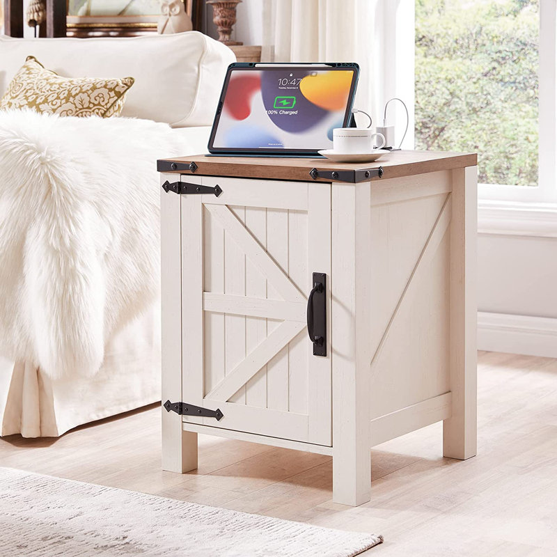 Clairese 24'' Tall  Farmhouse End Table With Charging Station, Wood Nightstand With Adjustable Shelf, Built-In Outlets