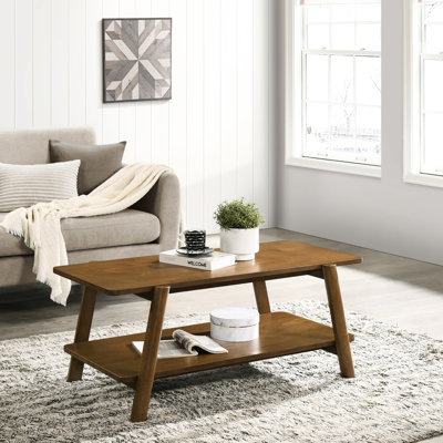 Table basse en noyer de style Mid-Century moderne avec tablette supplémentaire et rangement élégant