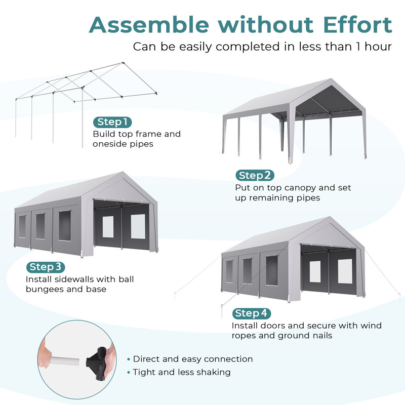 Vita 12' W x 20' D Heavy Duty Carport Portable Garage Storage Shed Canopy with 6 Mesh Windows