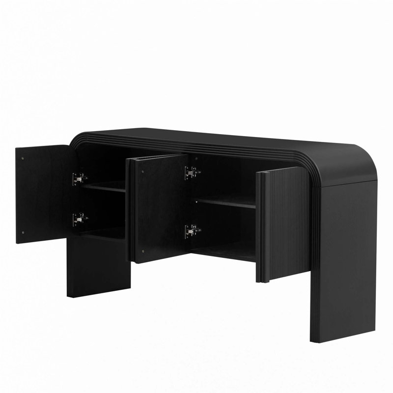 Buffet long cannelé à 4 portes de 63 po Novay, Noir, noir, noir, noir