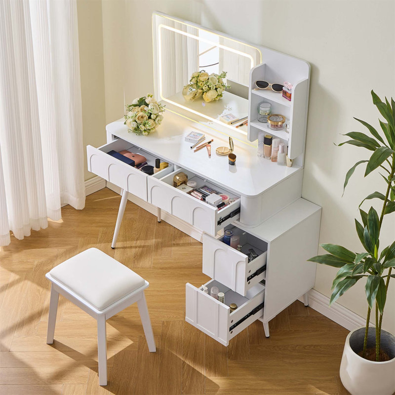 Modern Makeup Vanity Desk With LED Lights & Mirror, 4 Drawer Dressing Table Set With Stool, 3 Colors Dimmable Brightness, Space-Saving For Bedroom