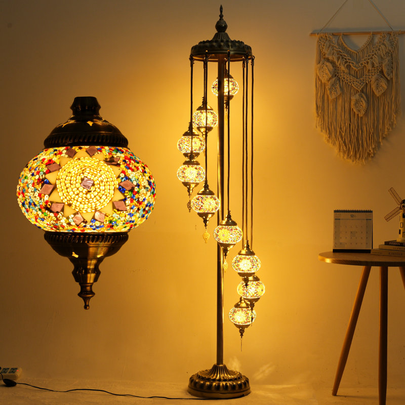 74" Turkish Moroccan Floor Lamp with Upgraded 9 Globe Mosaic Design, Traditional Turkish Art, Color Mix, 10PCS E12 bulbs Included for Home Decor Lounge Ambiance