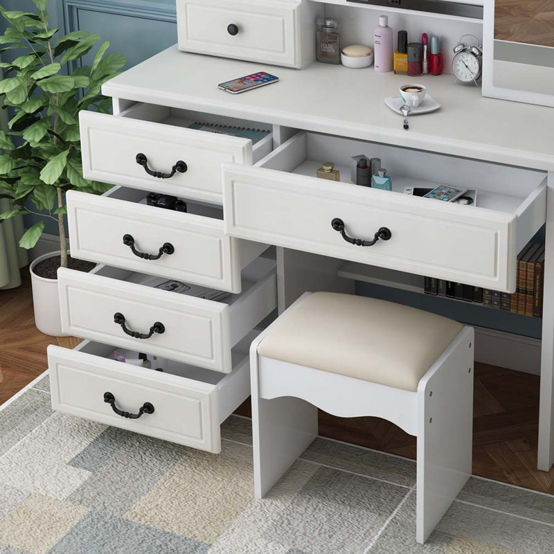Unique Modern Bedroom Vanity Set w Stool Foldable Mirror Drawers White Color MDF Veneer 1pc Vanity Furniture