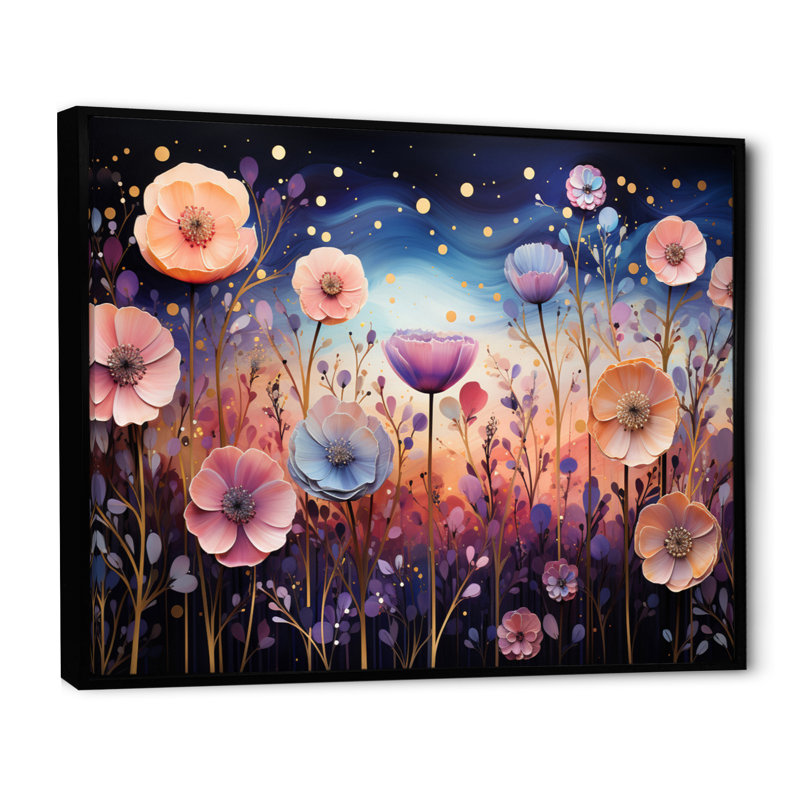 Fleurs mystiques mauves - Impression, Cadre flottant noir, H 30 po x l 40 po x P 1,5 po