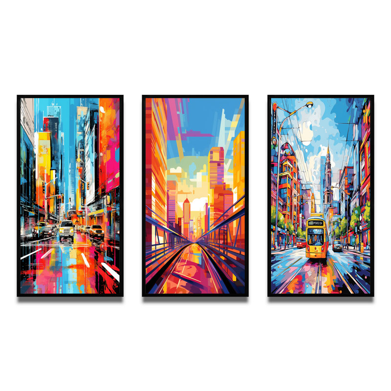«City Berlin Popart», 3 pièces sur toile, Cadre noir, H 28 po x l 36 po