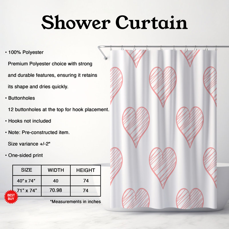 Rideau de douche 1 pièce Subtle Valentine Love, H 74 po x l 71 po