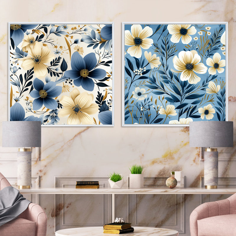 Fitchburg - Ensemble de 2 collages floraux carrés, H 16 po x l 33 po, Cadre flottant blanc
