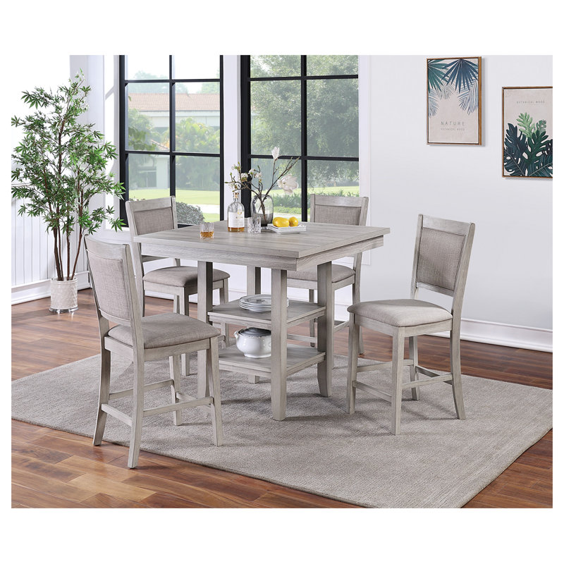 Ensemble de salle à manger 5 pièces à hauteur de comptoir grisâtre rustique avec table carrée et 4 chaises rembourrées