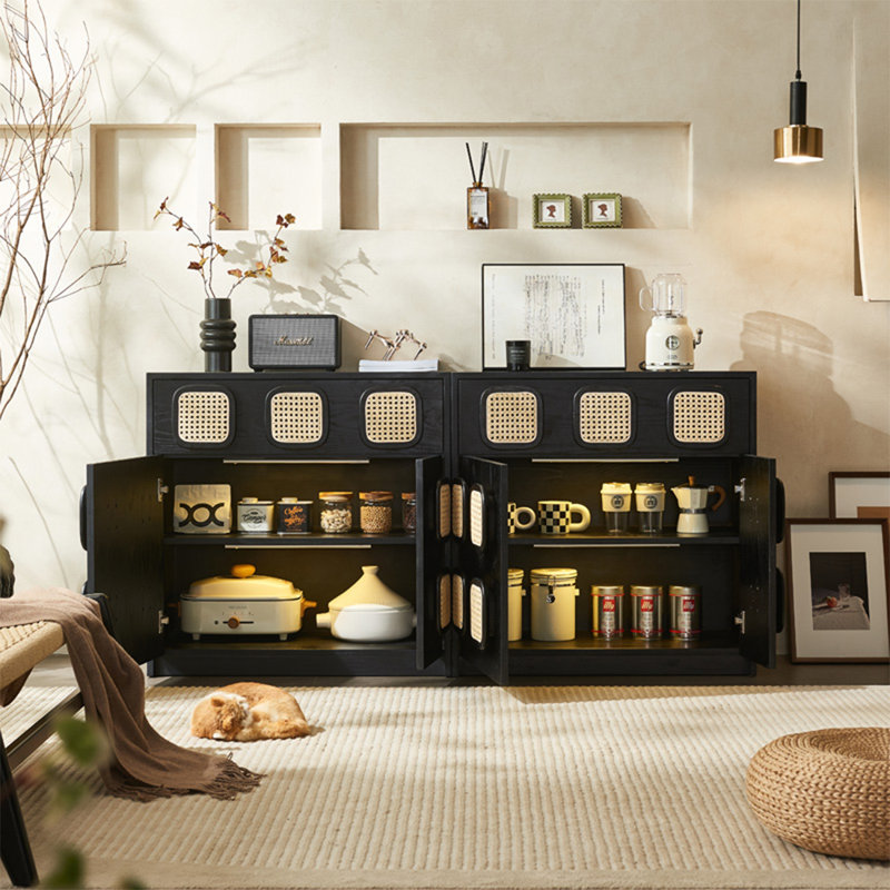 French Retro Solid Wood Rattan Sideboard
