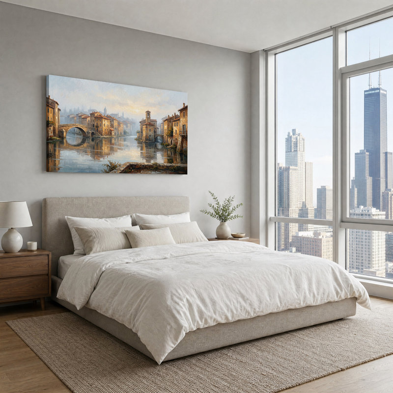 Tableau sur toile représentant une ville de Misty River avec un pont de pierre, 46“W x 24”H
