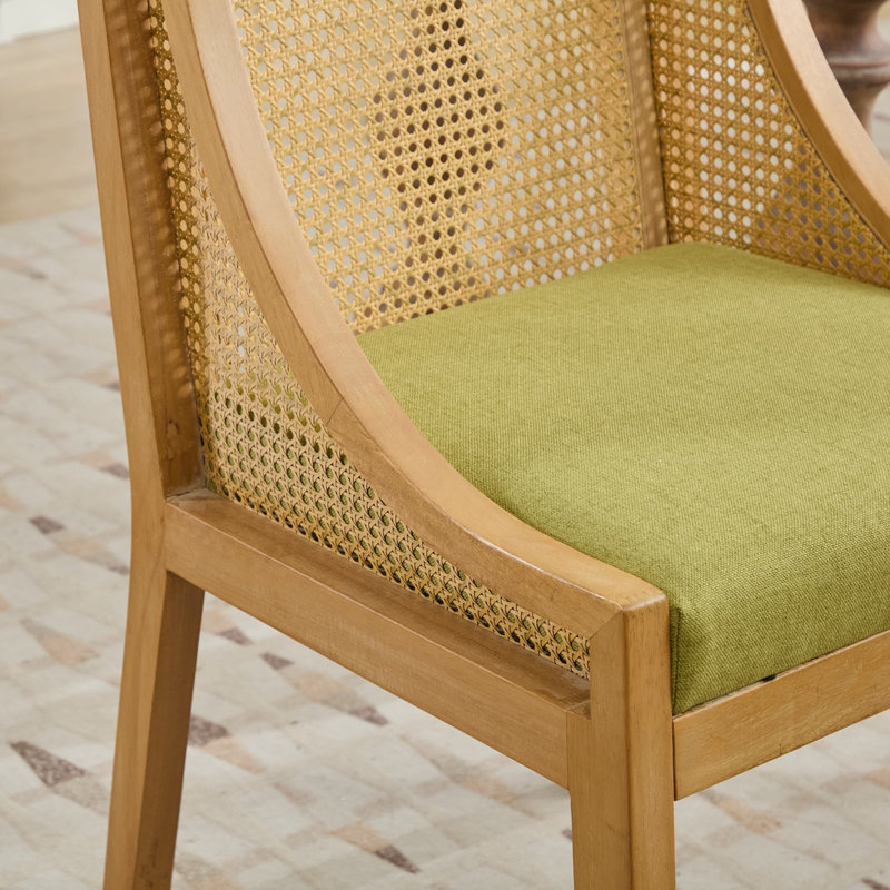 Upholstered Dining Chairs With Rattan Backrest, Olive Green