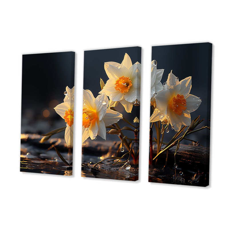 «Dewy Daffodils At Sunrise II» - ensemble de reproductions d'art mural jonquilles, H 28 po x l 36 po x P 1 po
