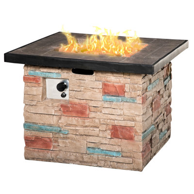32" Outdoor Propane Gas Fire Pit Table, 50,000 Auto-ignition, Faux Ledge Stone Intrigue, Lava Rocks, Rain Cover, , Mild Brown 32 Inch Square Display, Brownish Shade