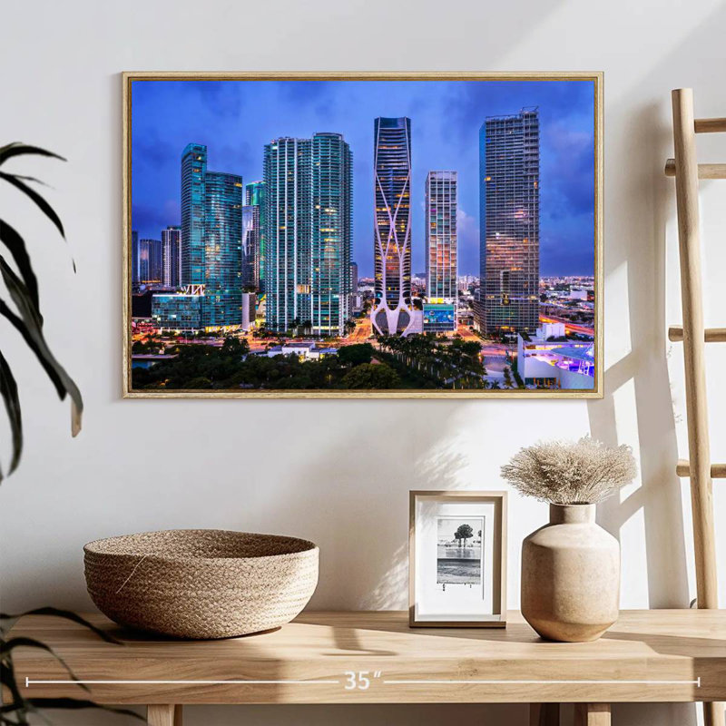 Vue aérienne du centre-ville de Miami, Cadre flottant en bois naturel, 25 po x 17 po